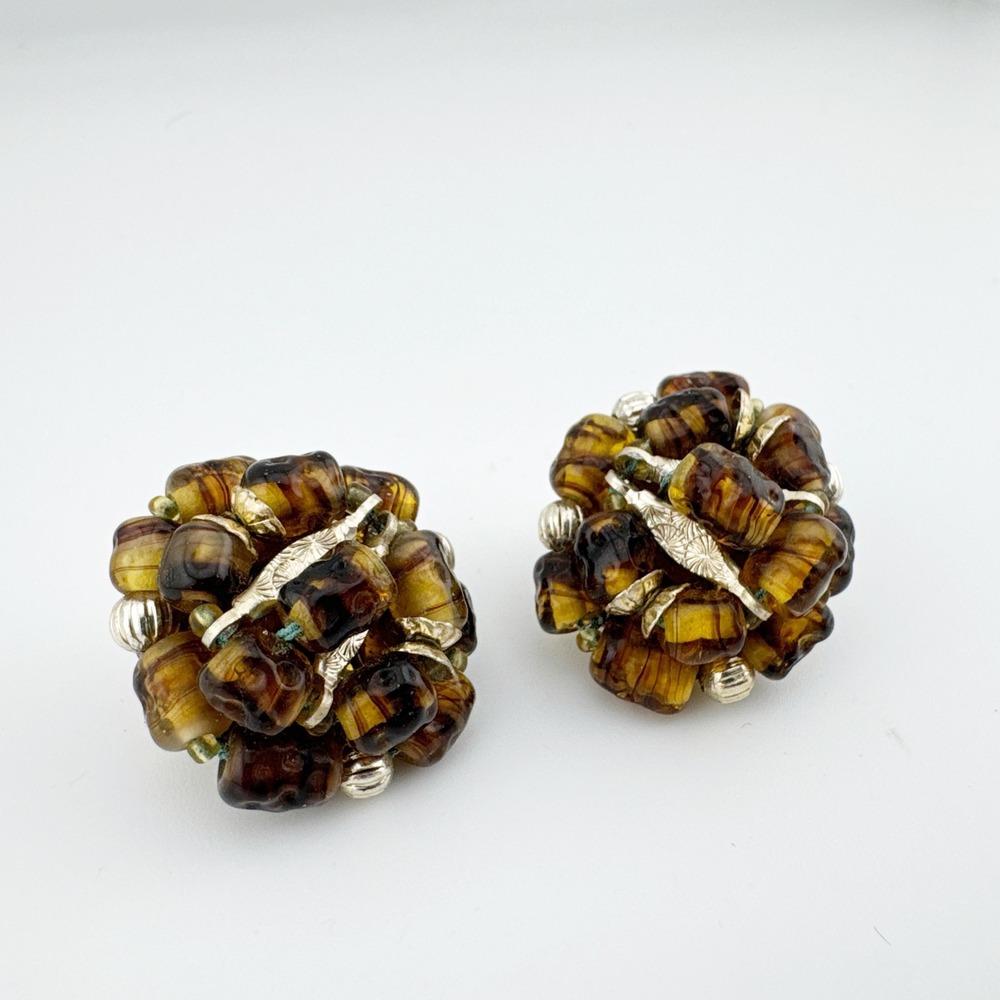 Vintage Japan Brown Glass‎ Bead Cluster Clip On Earrings